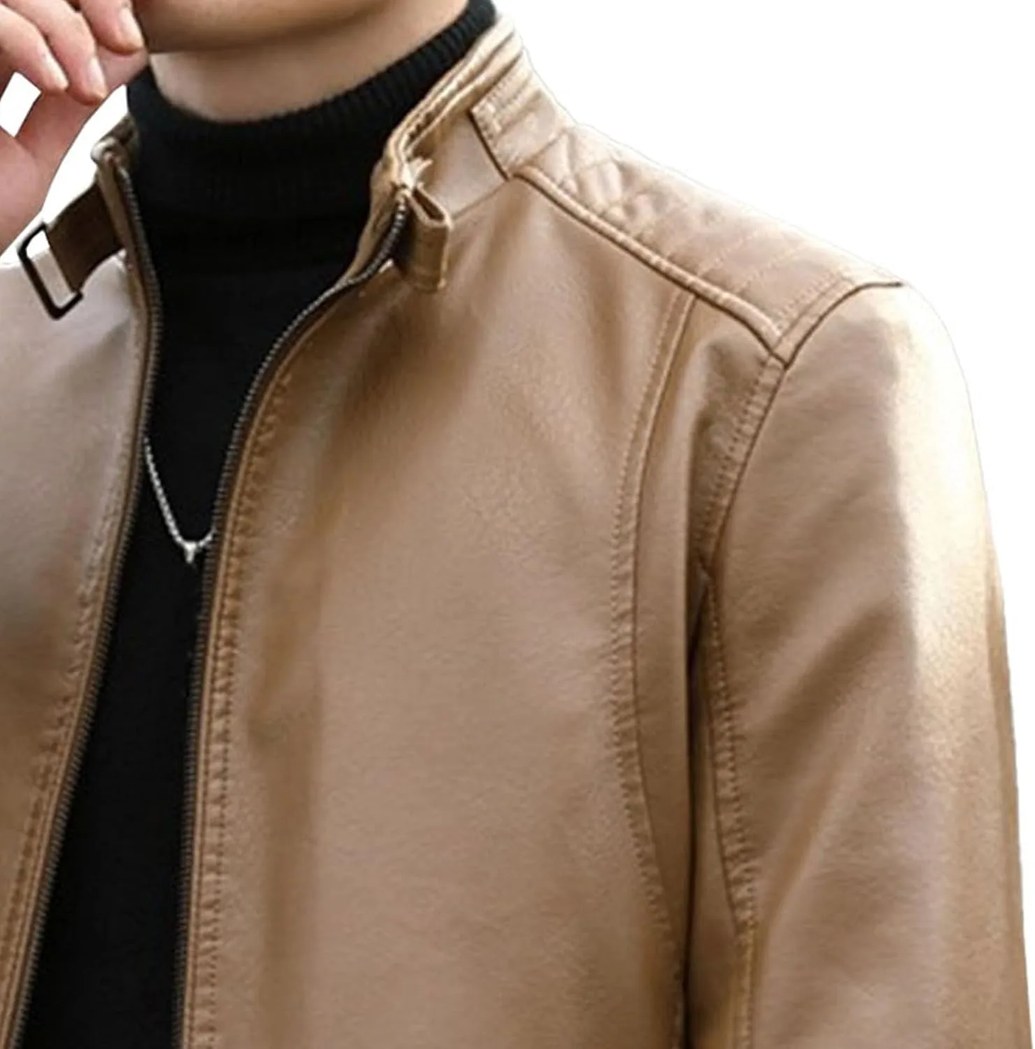 Generic Мужское кафе-рейсер пальто slim fit, мужская кожаная куртка со стойкой, мужская куртка из искусственной кожи со стойкой — фото 2