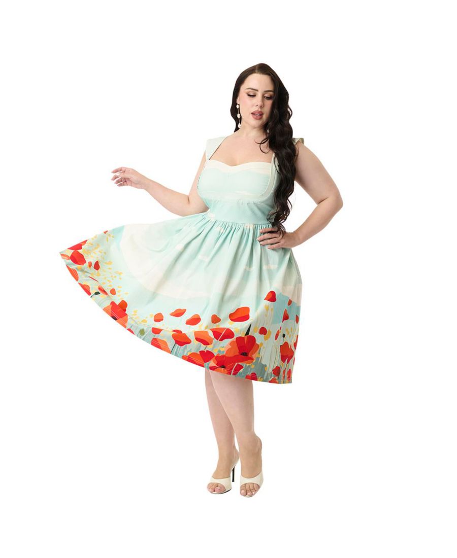 

Платье-трапеция без рукавов с вырезом сердечко больших размеров в стиле 1950-х годов Unique Vintage, Blue sky & poppies