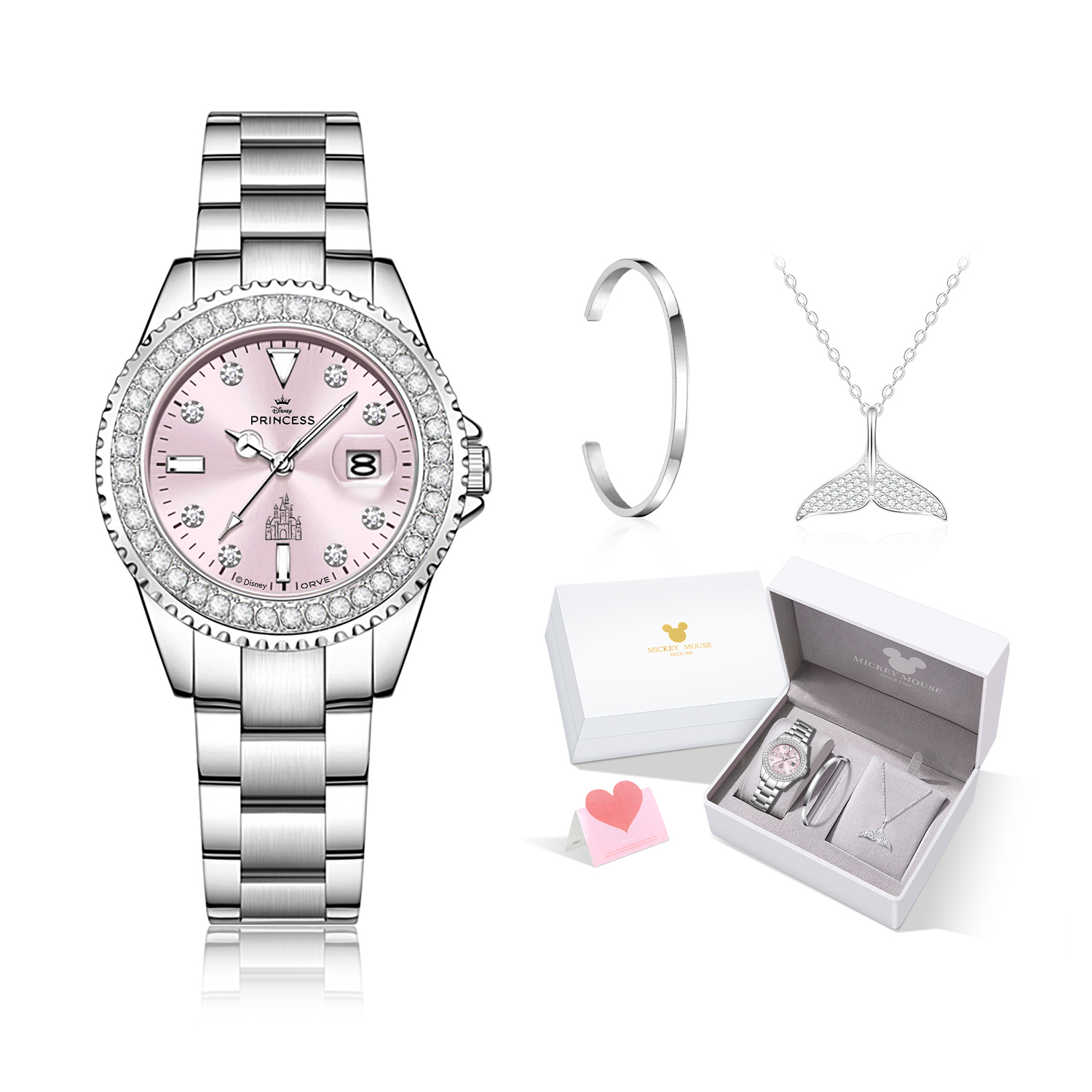 

Часы для женщин с механизмом Princess Quartz, ремешок из нержавеющей стали, розовый циферблат Disney, Cherry Blossom Pink[Disney Box+Necklace+Bangle]