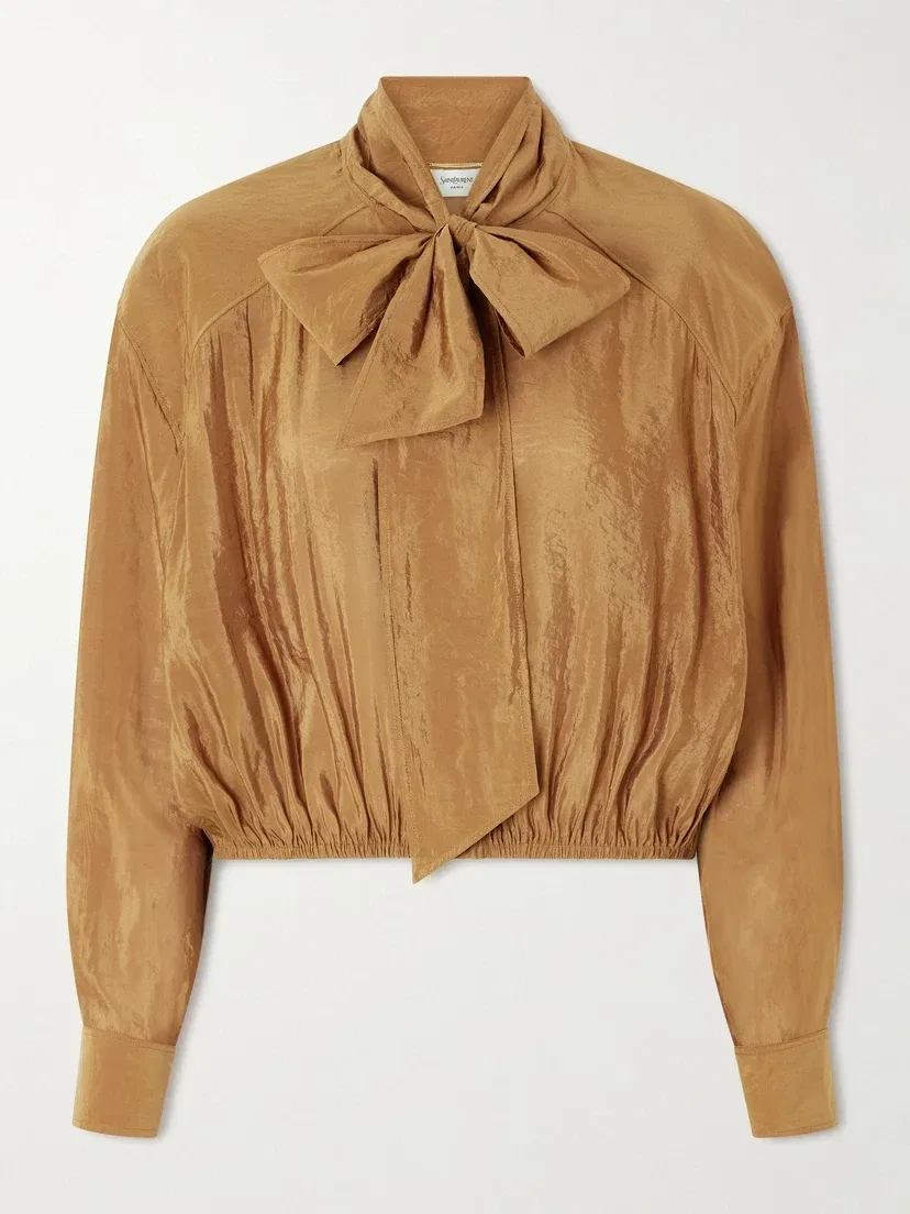 Блузка из жатого тафты с бантом жабо SAINT LAURENT, коричневый