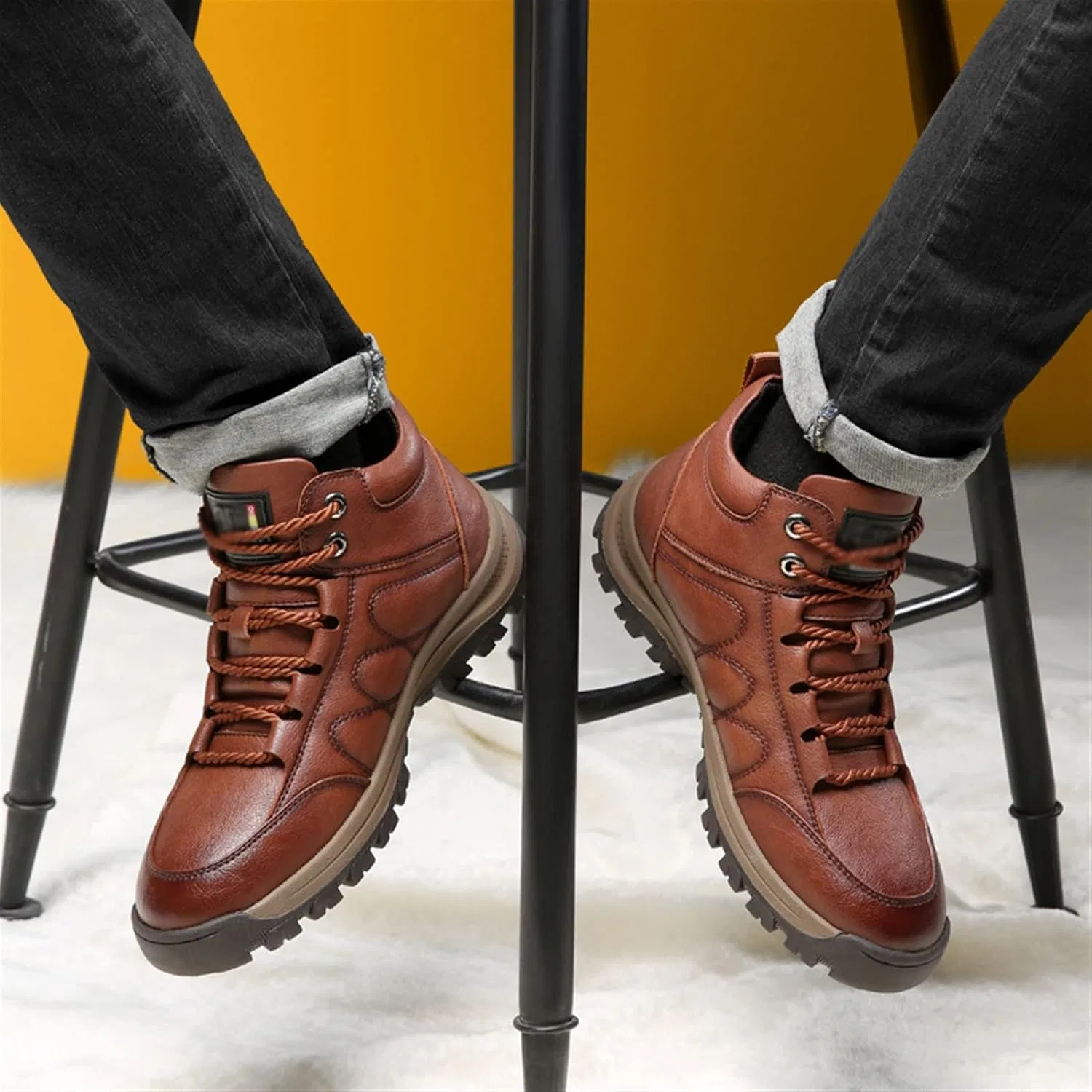 Зимняя теплая и практичная обувь: мотоциклетные ботинки для мужчин и взрослых, теплые зимние ботинки на мягкой подошве, короткие зимние ботинки, повседневные кроссовки ручной работы для активного отдыха Generic, Brown — фото 4