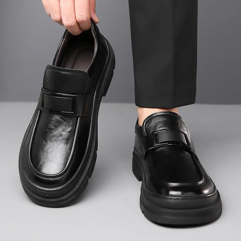 Лоферы мужские кожаные с платформой, Round Toe Lug Sole, Black UOPYNE — фото 2