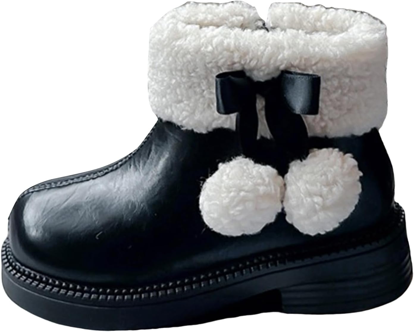 

Детские ботинки IWIHMIV для девочек, с плюшевой подкладкой, хлопковые, удобные, с толстой подошвой, короткие кожаные ботинки с бантом, Black