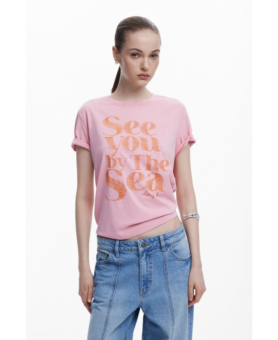 

Женская розовая футболка с надписью Desigual, Pink, Розовый, Женская розовая футболка с надписью Desigual, Pink