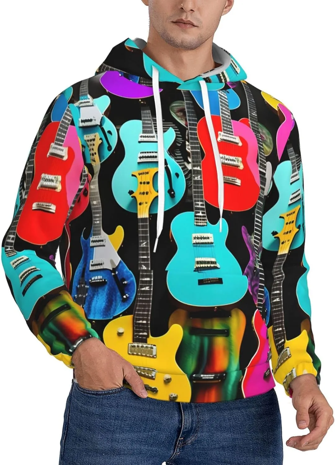 

Мужская флисовая толстовка X-Large с капюшоном и карманом, черная, с ярким принтом гитар SamLng