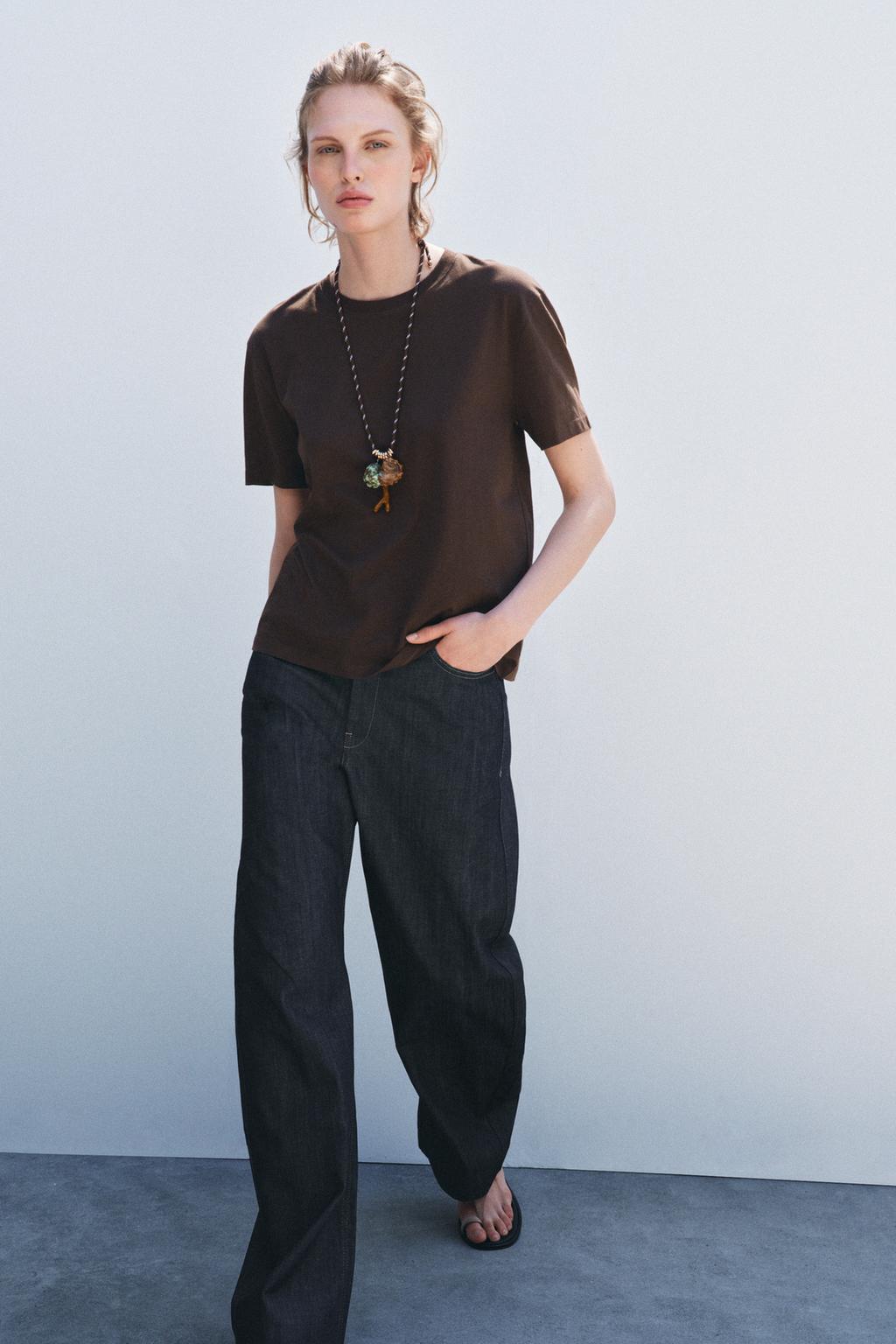 

Базовая хлопчатобумажная футболка ZARA, коричневый