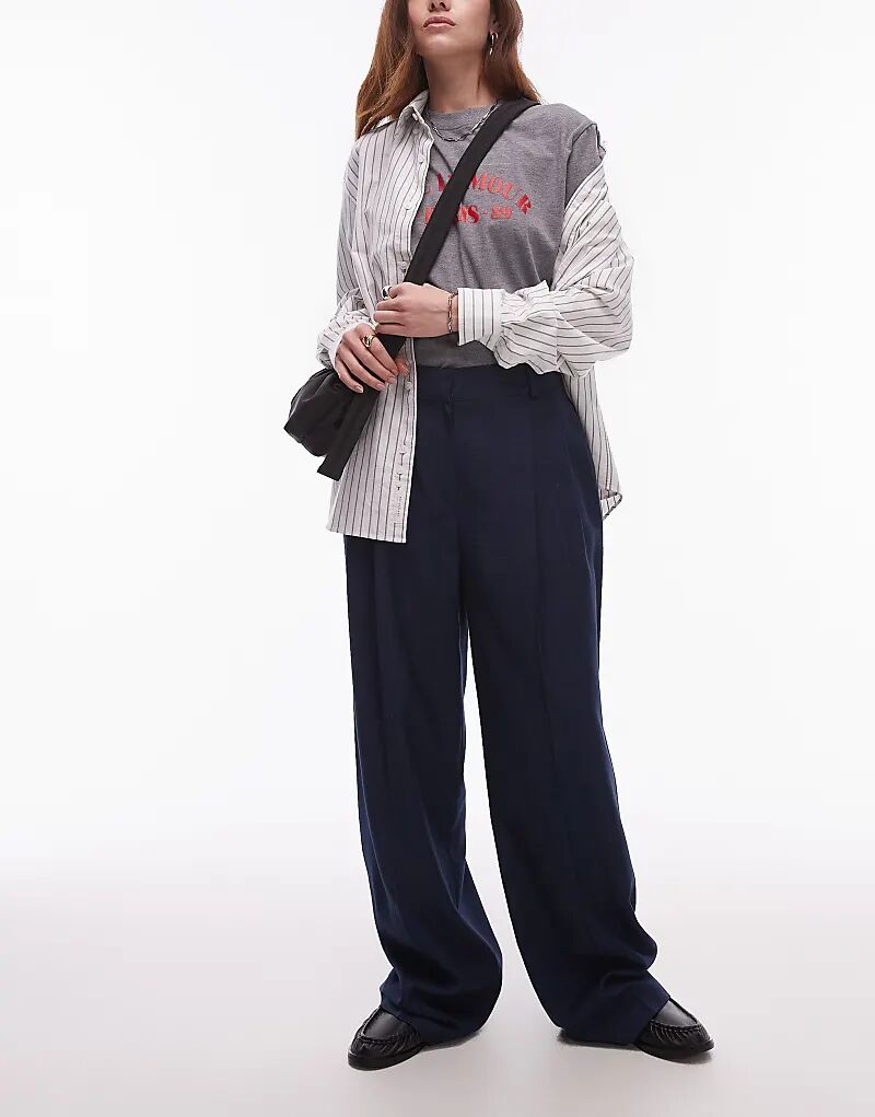 

Брюки Topshop с высокой талией и складками темно-синего цвета