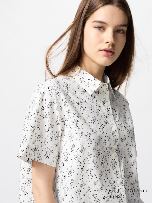 

Короткая хлопковая рубашка (принт, короткий рукав) Uniqlo, белый