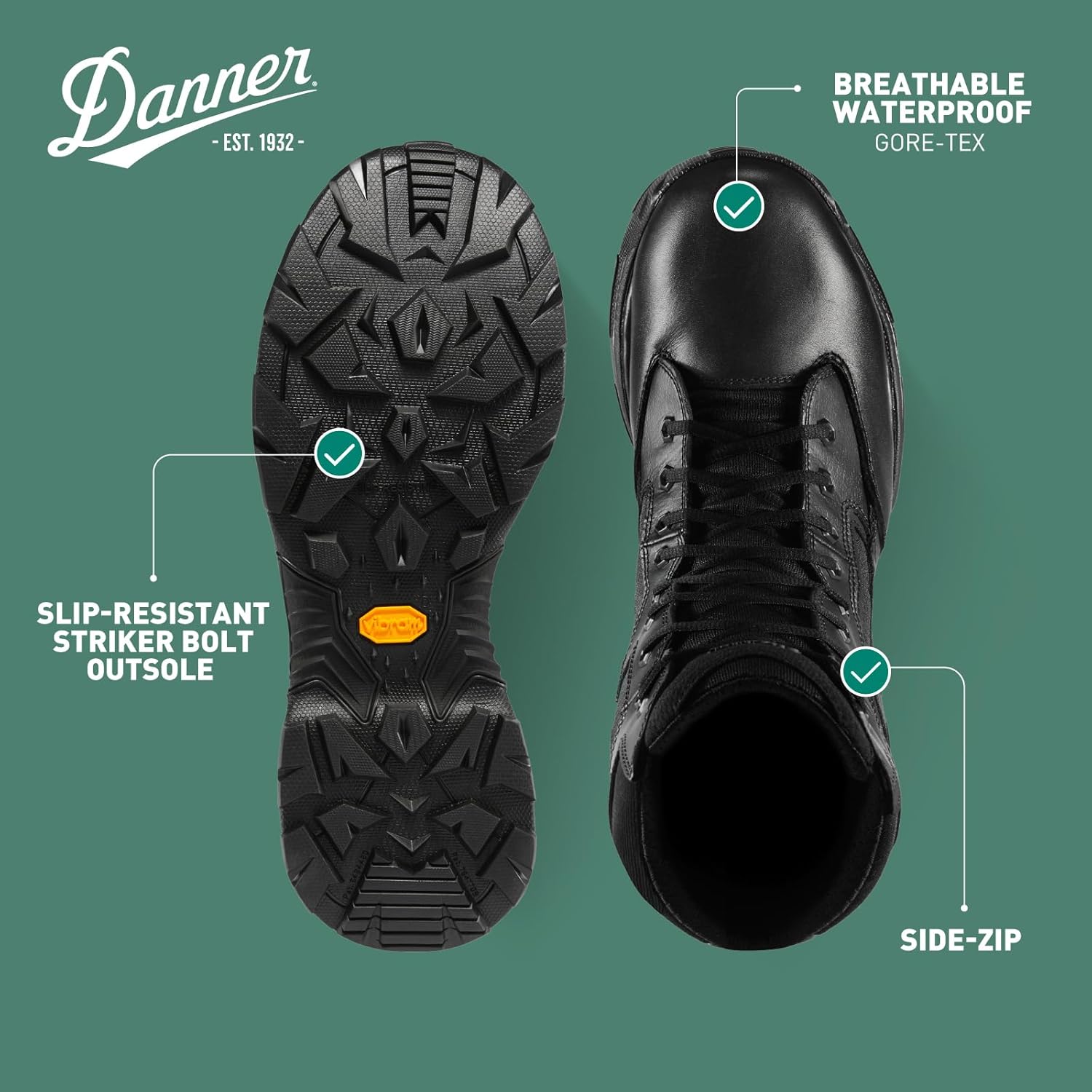 Тактические мужские ботинки Danner Striker Bolt с боковой молнией, водонепроницаемые, черные - легкие, из полированной кожи с PU-покрытием и нейлона, с противоскользящей подошвой — фото 4