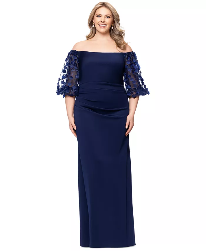 

Платье с открытыми плечами и объемными цветочными рукавами Plus Size XSCAPE, синий