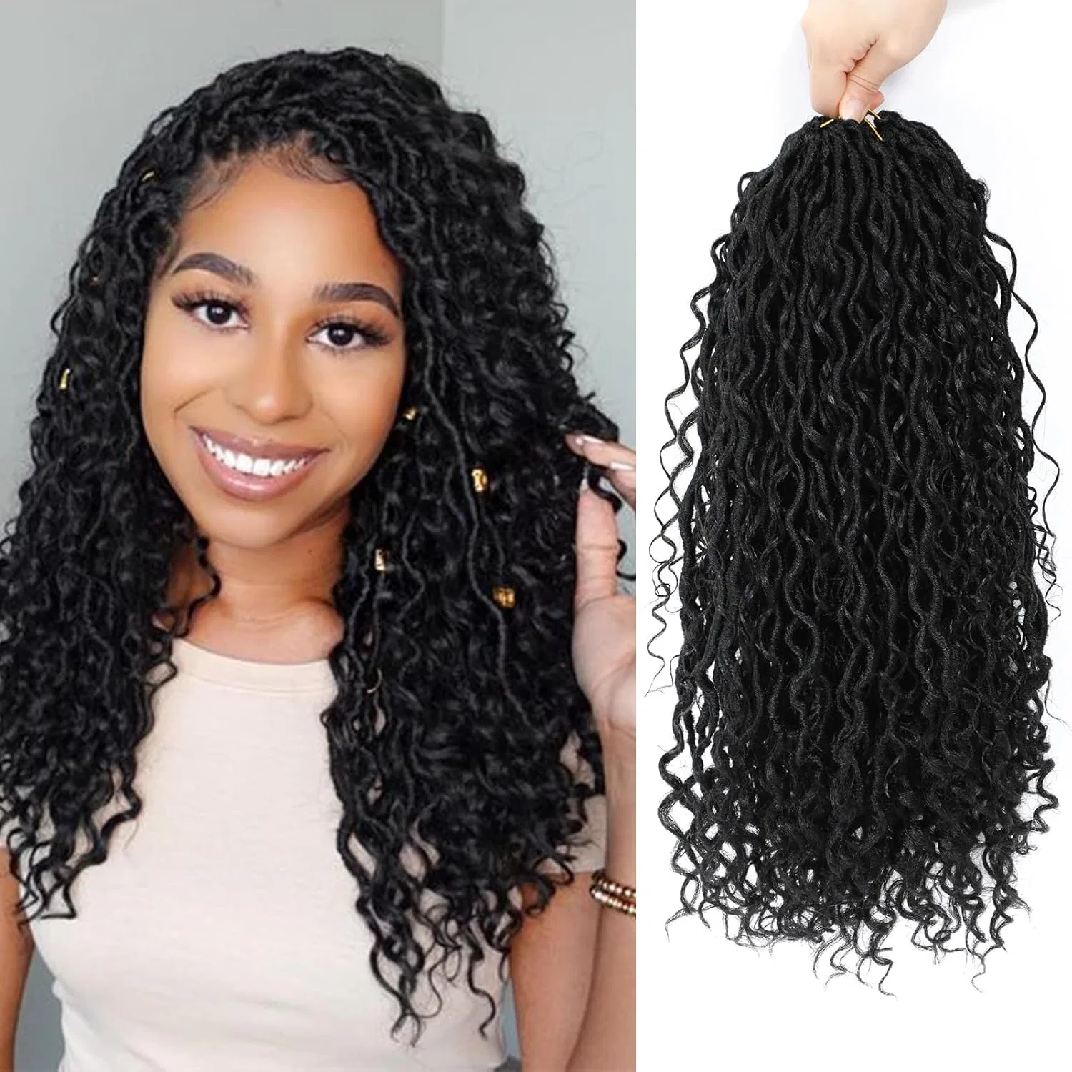 Волосы для плетения Goddess Locs Crochet Hair с кудрявыми кончиками, 8 упаковок Firstcyh Hair, 1B