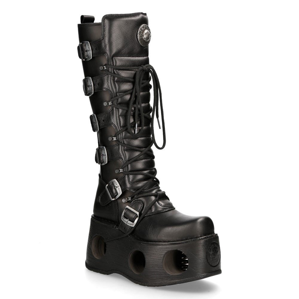 Новые готические ботинки New Rock M-272-S2 Neptuno Metallic до колена из черной кожи