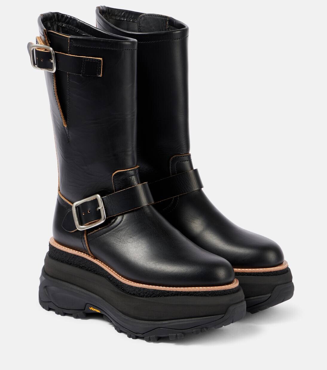 Кожаные байкерские ботинки на платформе Sacai, черный