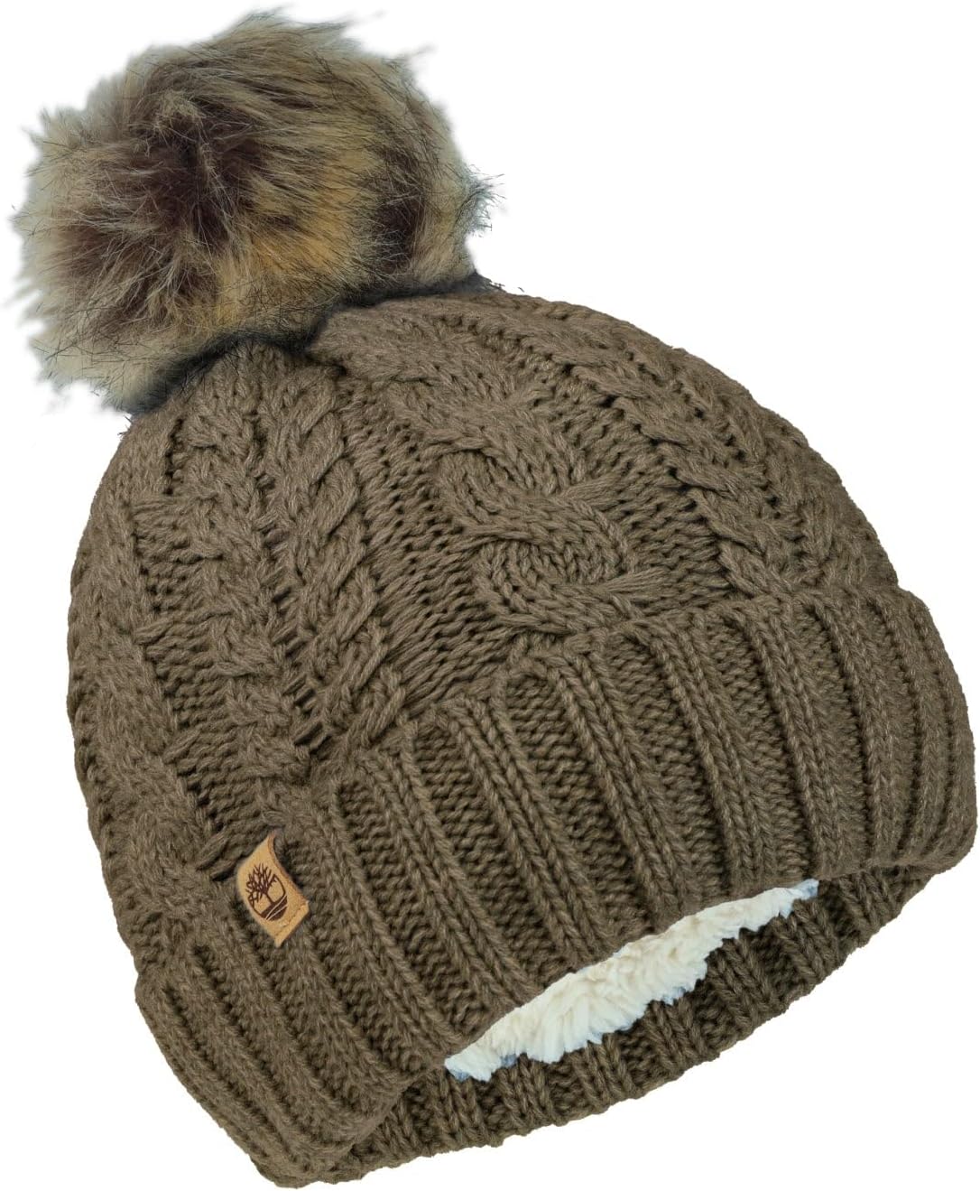 

Женская вязаная шапка-бини Timberland с искусственным мехом и помпоном - мягкая зимняя шапка, ребристые манжеты, теплая подкладка, стильная и уютная одежда для холодной погоды., Chocolate Chip