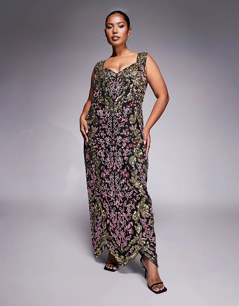 

Платье макси ASOS LUXE Curve с отделкой бисером в черном и золотом цвете