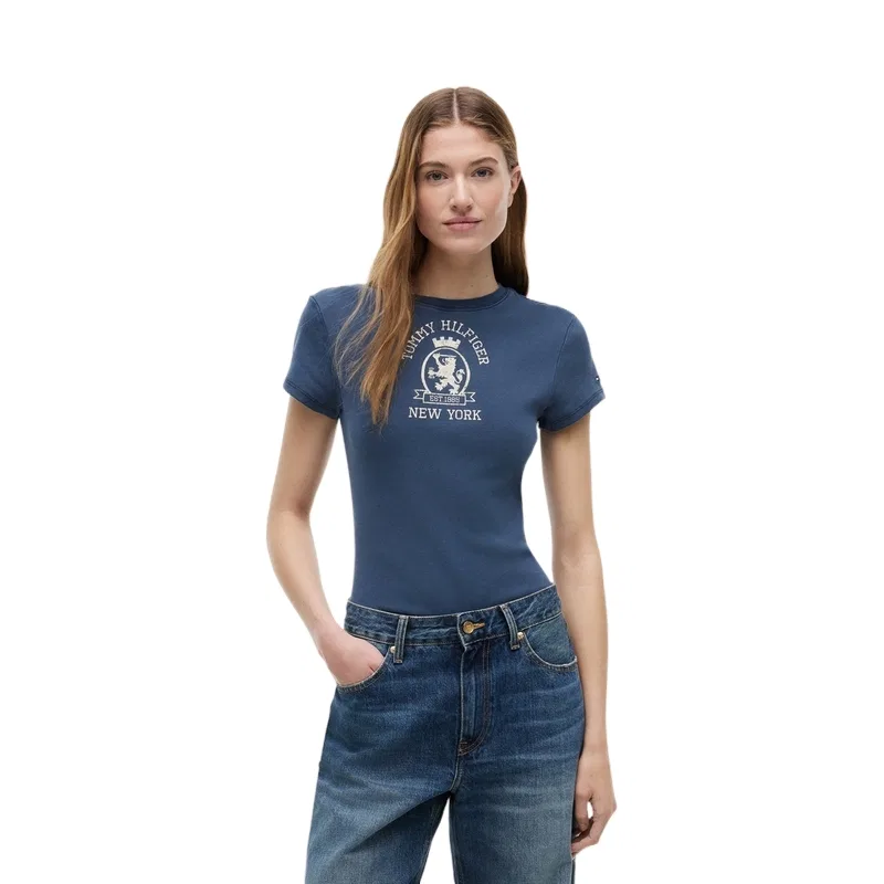 Футболка женская с круглым вырезом Tommy Hilfiger темно-синяя — фото 4