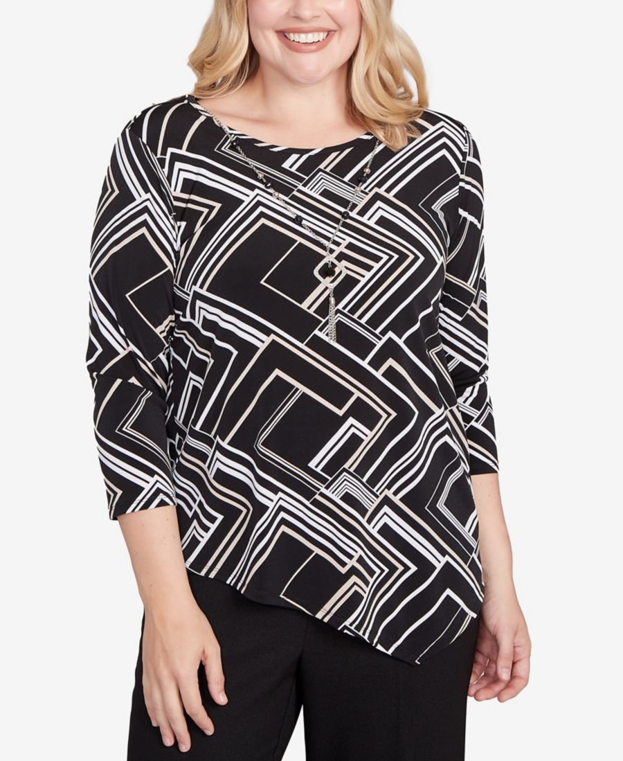 

Женский топ с геометрическим узором и фактурной отделкой, дополненный ожерельем Alfred Dunner, Black