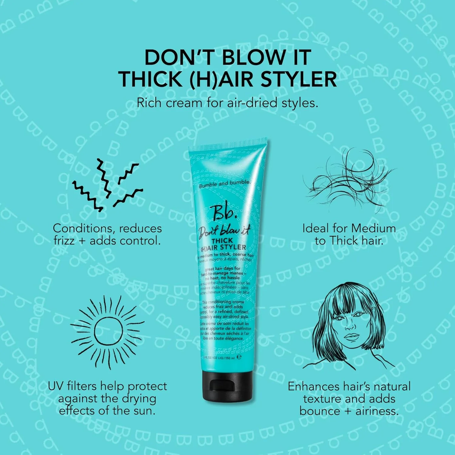 Bumble and bumble Don't Blow It Thick (H) air Styler Air Dry Cream, крем для укладки без фена, против пушистости, увлажняет и фиксирует, для средних и густых волос, 150 мл Bumble And Bumble., white — фото 4