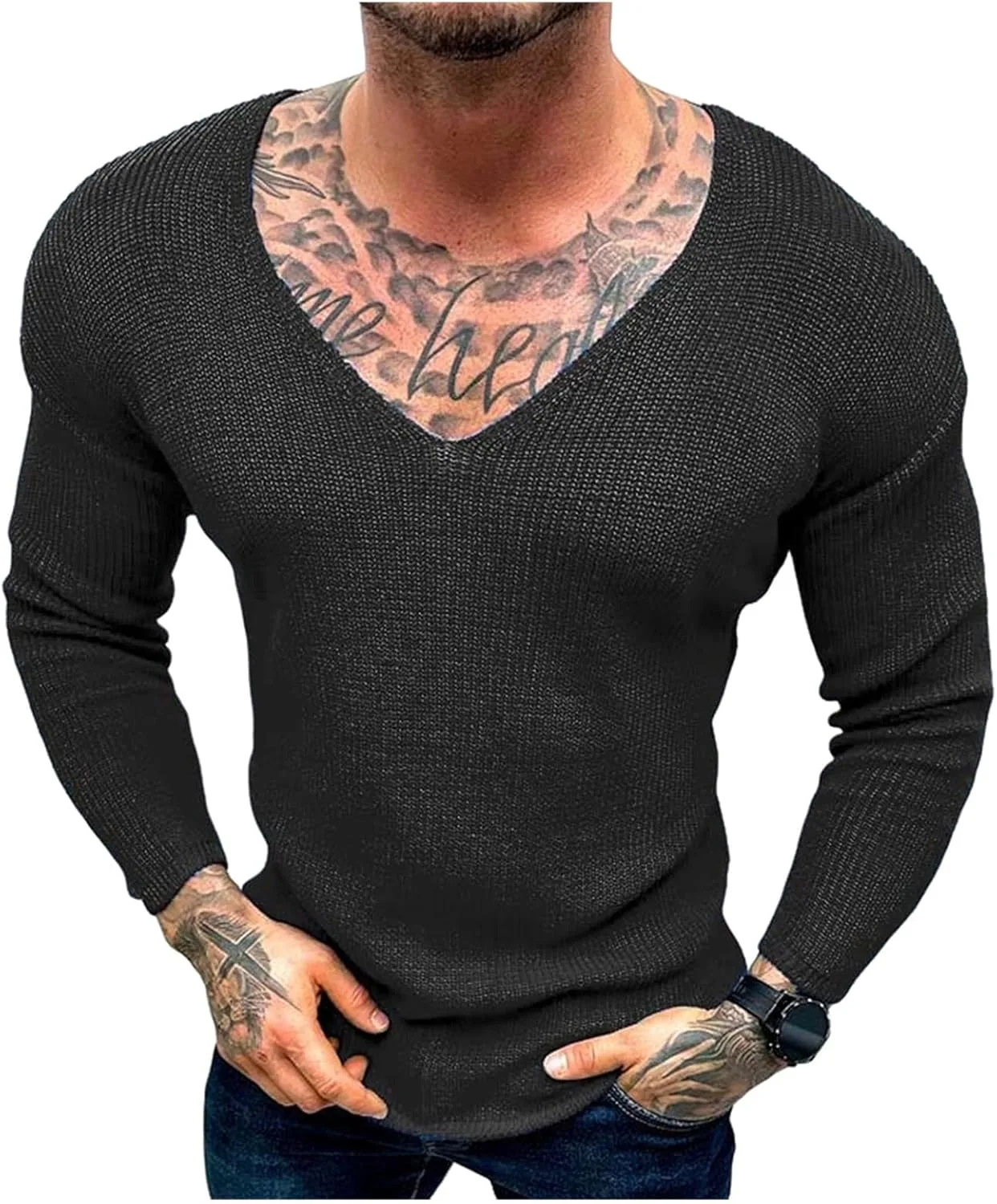 

Мужской свитер V-образным вырезом вязаный джемпер облегающий с длинным рукавом и прорезями Mmoneyake