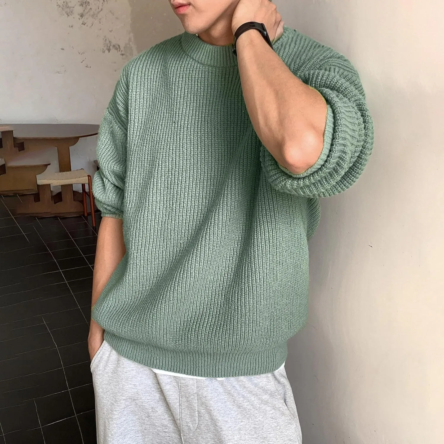 Мужской свитер с круглым вырезом, длинными рукавами, slim fit — фото 4