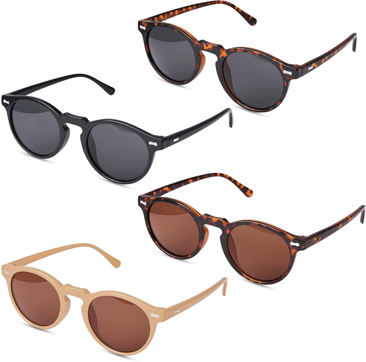 

JATEBI Набор из 4 ретро-солнцезащитных очков круглой формы для женщин с маленьким лицом, поляризованные женские солнцезащитные очки в винтажном стиле с защитой от УФ-излучения, Brown+black