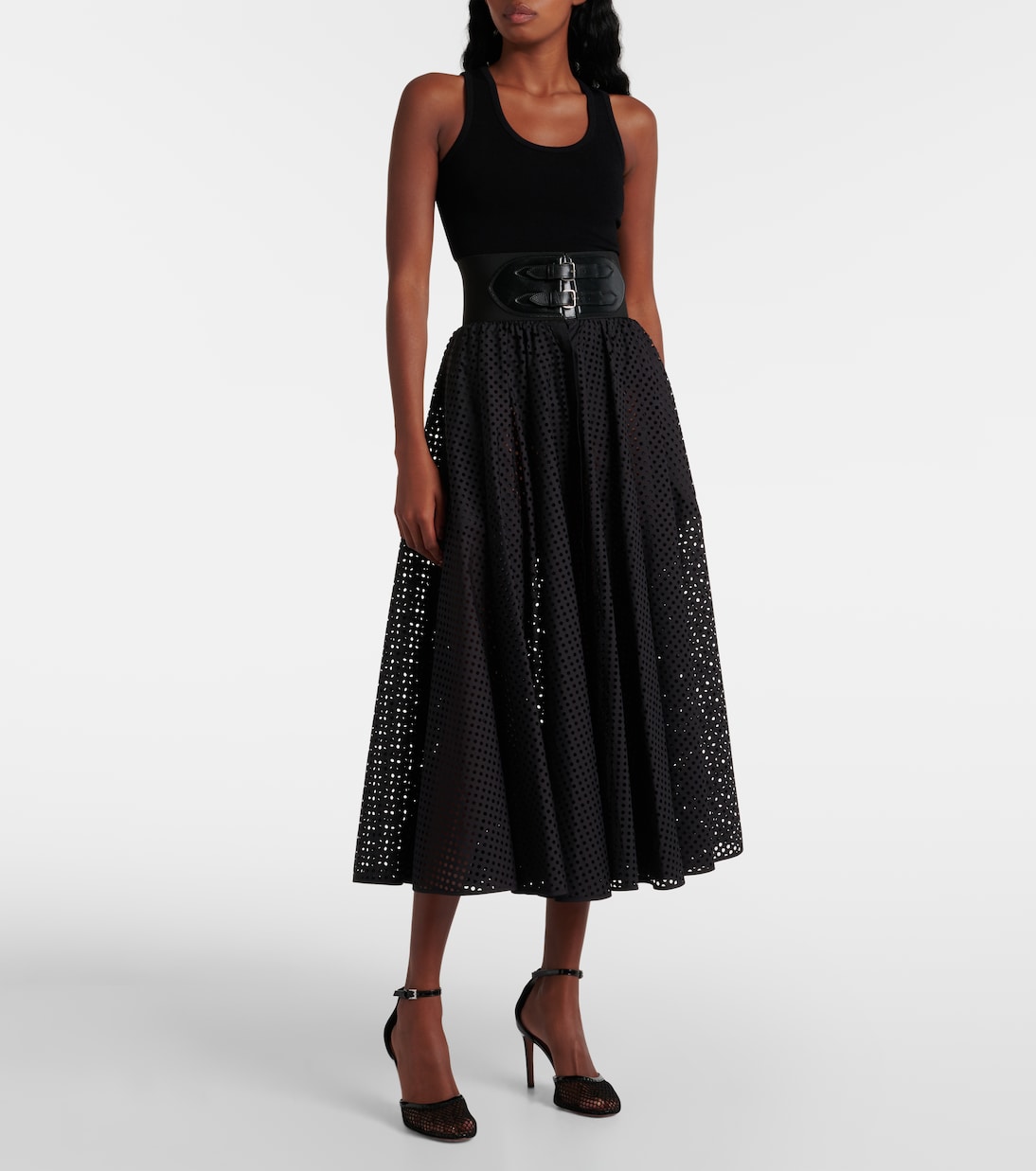Юбка миди из смесовой хлопковой ткани Alaïa, Noir Alaia — фото 2