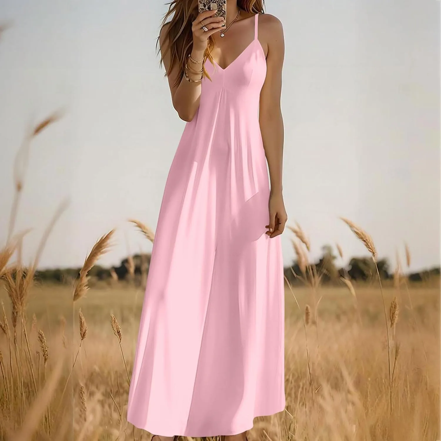 Летнее платье для женщин Flowy Casual Midi, пляжное платье-сандресс с V-образным вырезом и тонкими бретелями Generic, розовый — фото 2