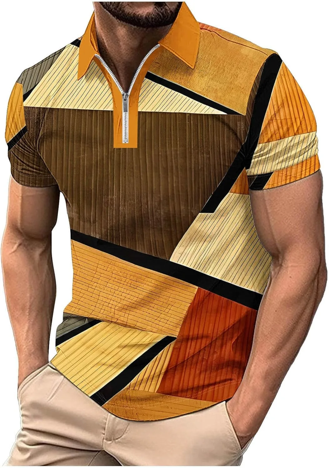 

Поло для мужчин 1/4 молнии с лацканом, легкая полоска, летний топ с коротким рукавом QUNPIU