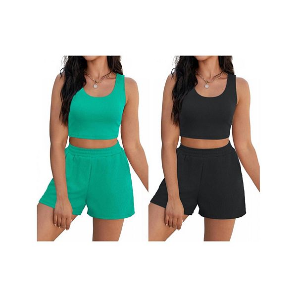 

Женский летний сет из 2 предметов: укороченный топ и шорты с карманами, 2 шт Athlechic, Black Green