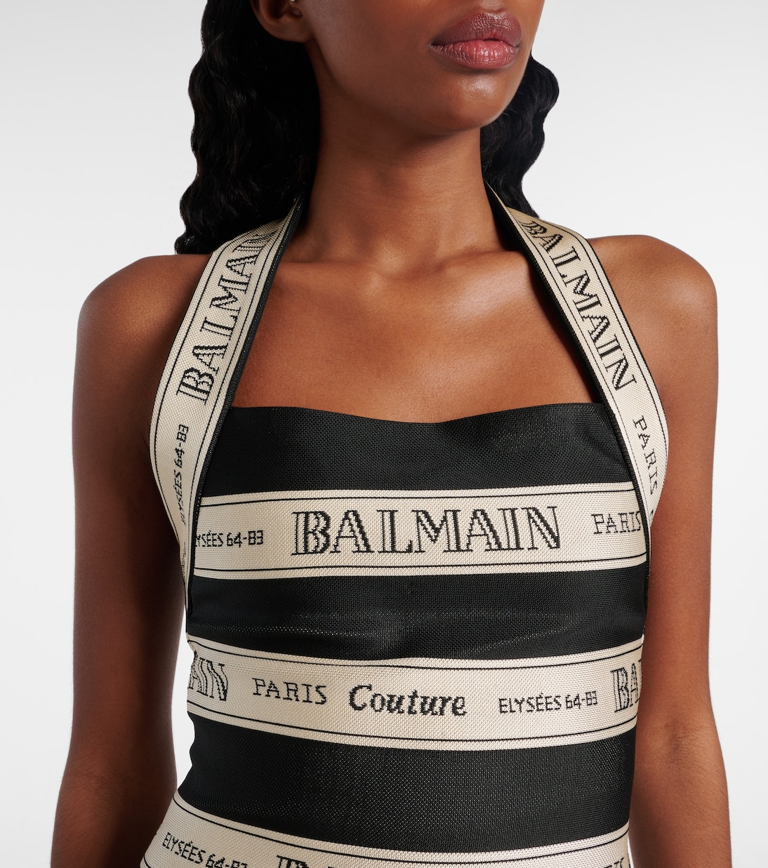 Мини-платье из жаккарда в полоску с вырезом халтер Balmain, Noir/Beige — фото 4