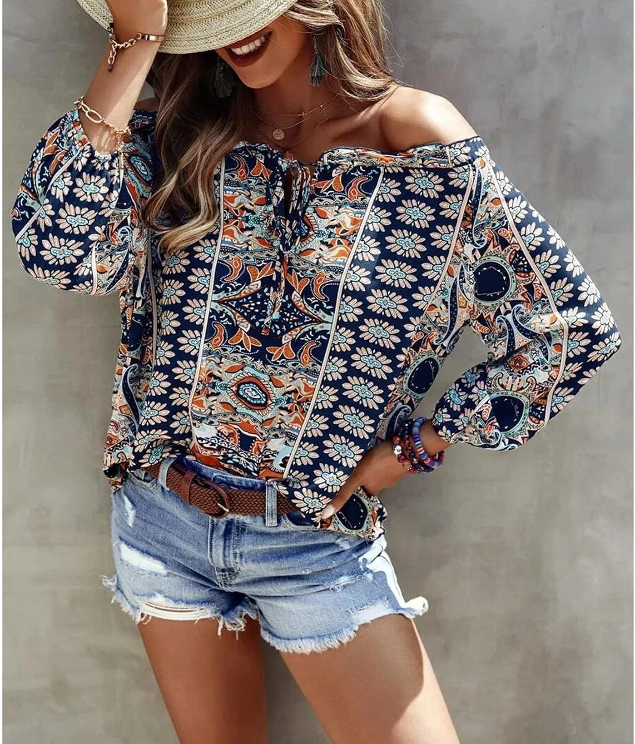 Блуза с цветочным принтом, off shoulder, QREXVOG, синяя — фото 4