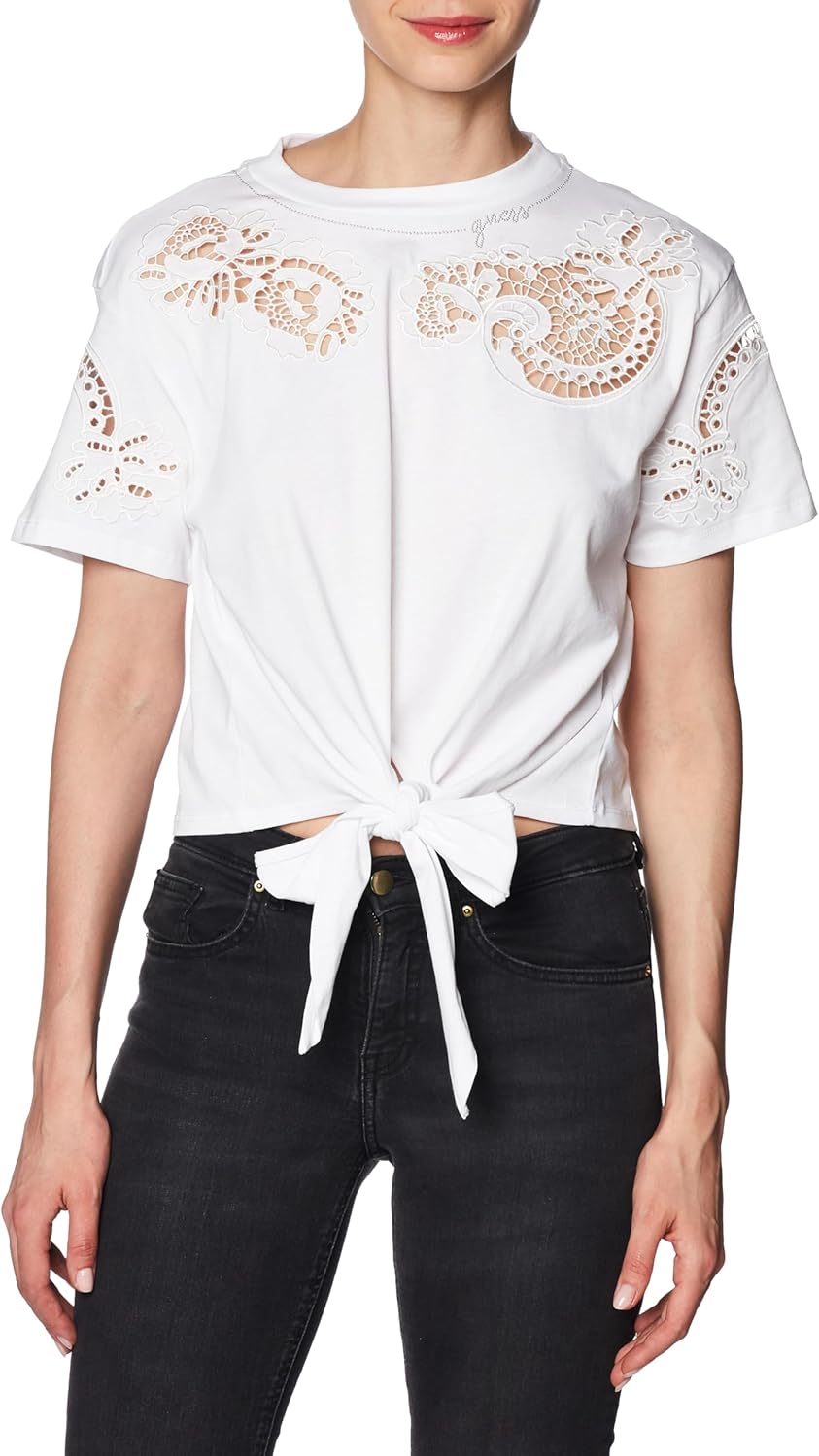 

GUESS Женская Экологичная Короткая Футболка с Ажурным Кружевом, Pure White, Белый, GUESS Женская Экологичная Короткая Футболка с Ажурным Кружевом, Pure White