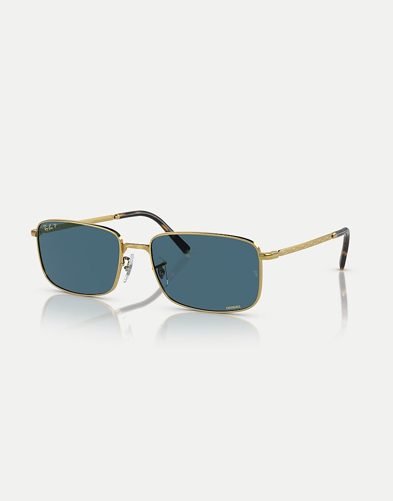 

Золотые прямоугольные поляризованные солнцезащитные очки Ray-Ban RB3717 с синими линзами