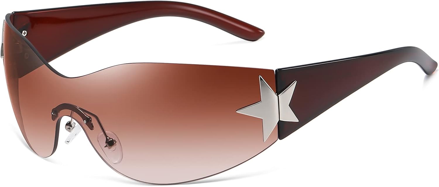 

Солнцезащитные очки Eiuizah Y2k для женщин и мужчин, модель Shield Wrap Around Fashion Sunglasses, модные солнцезащитные очки большого размера без оправы, Gradualbrown