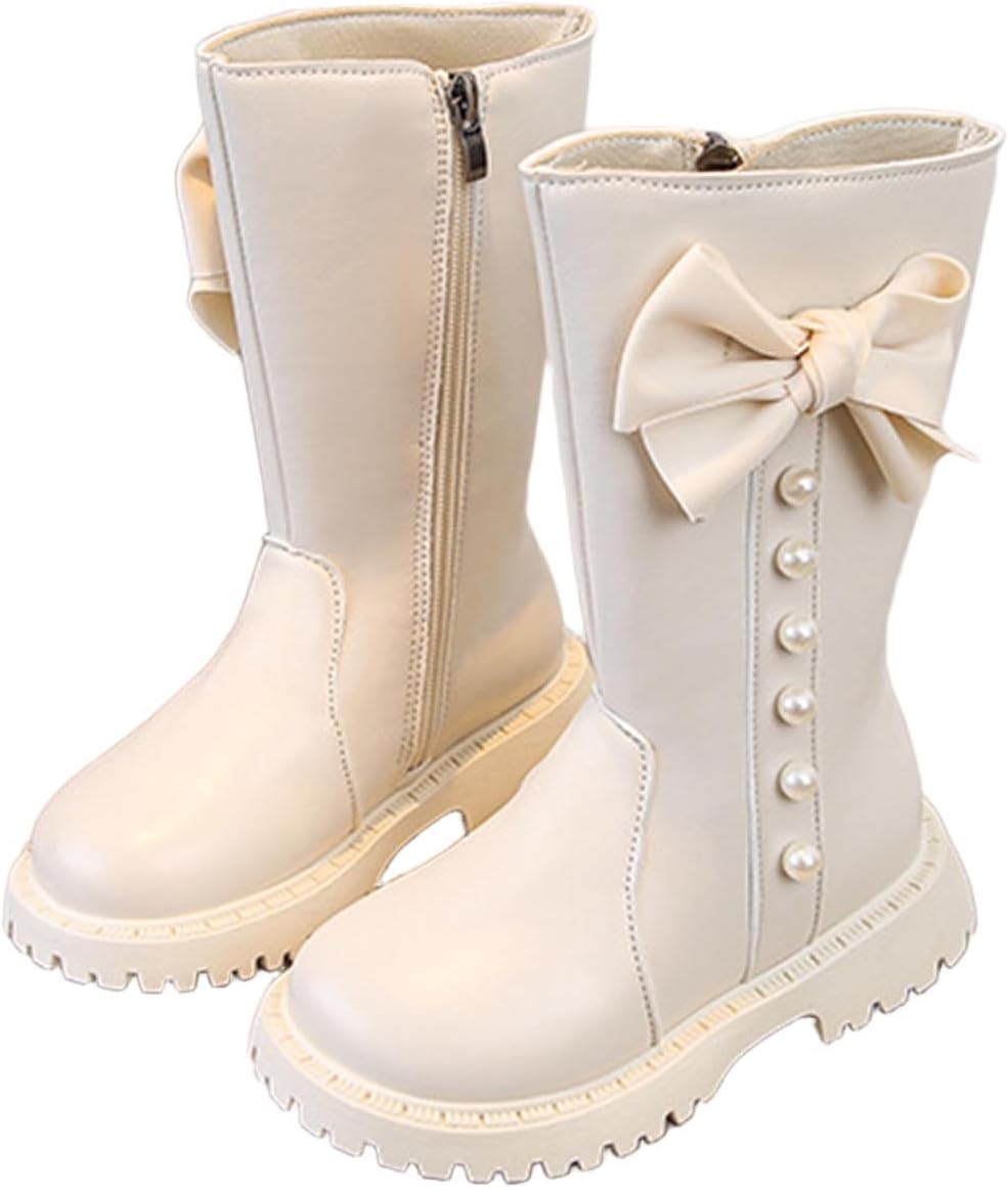 

Детские сапоги до колена с боковой молнией, сапоги до середины икры для верховой езды, с бантом и жемчугом, модные сапоги из искусственной кожи, водонепроницаемые Generic, White