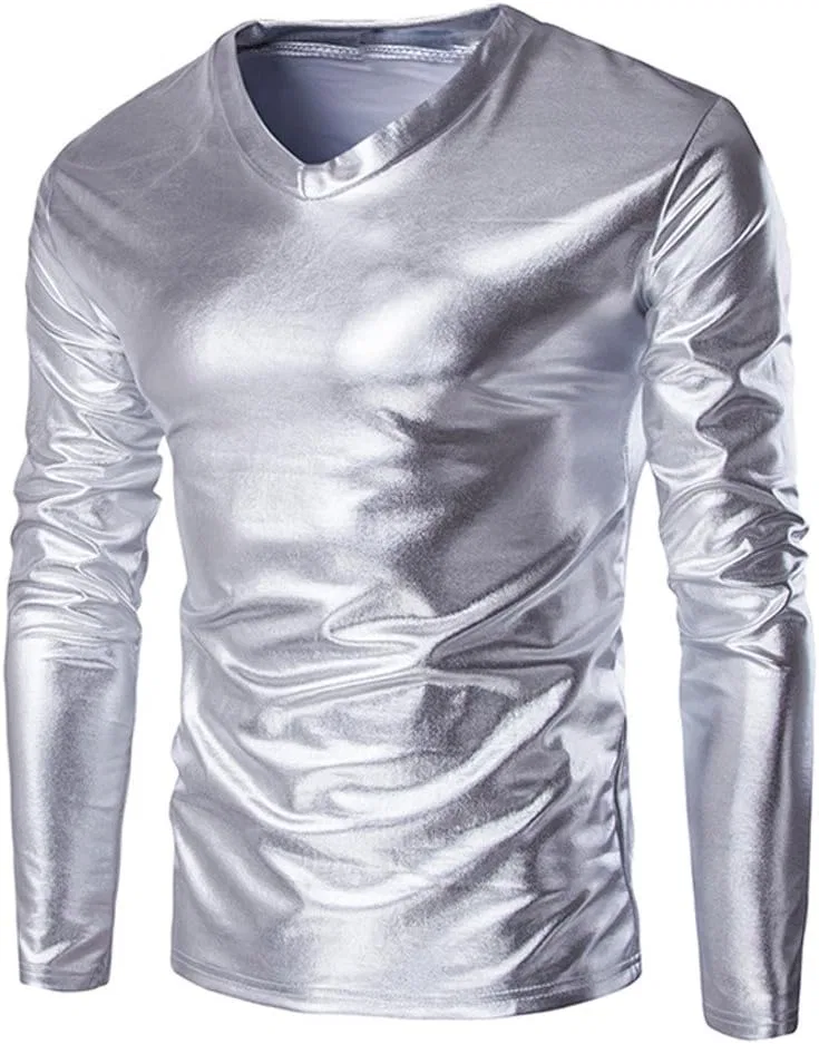 Футболка с длинным рукавом, искусственная кожа, металлик, Silver