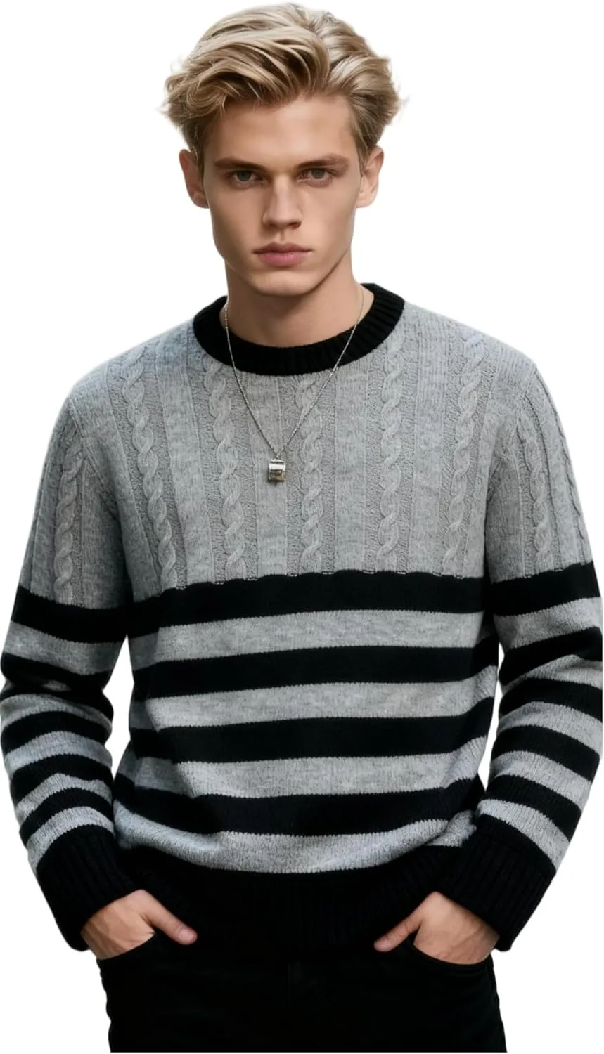 

Мужской свитер с кабельной вязкой — мягкий пуловер с круглым вырезом, полосатый для повседневной носки Vintelle