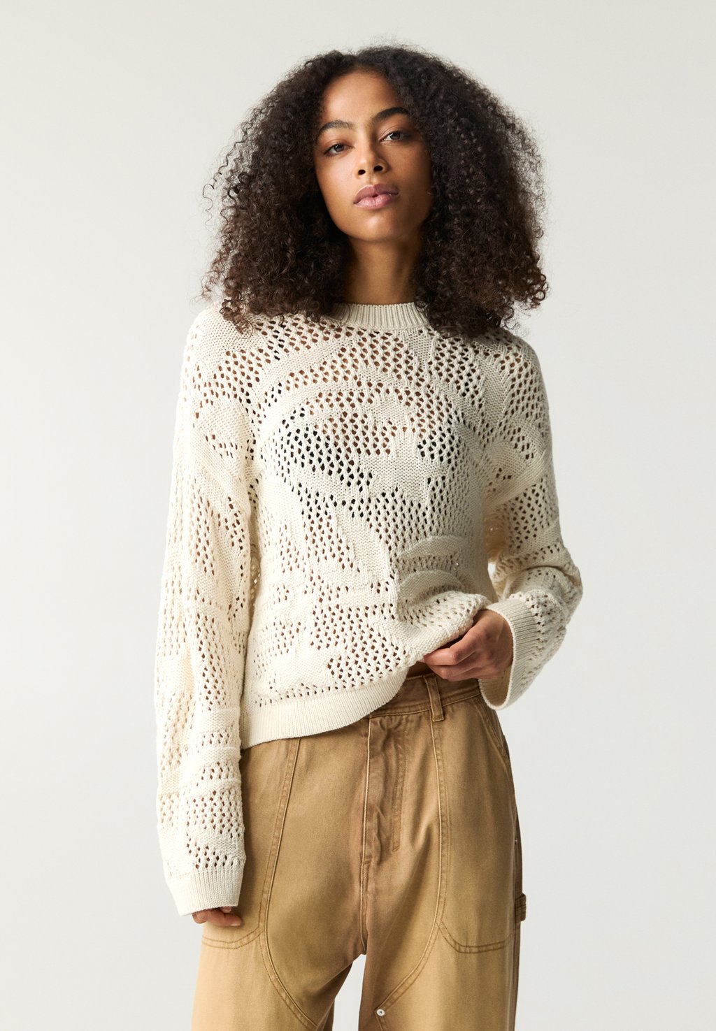 

Джемпер FLORAL OPENWORK PULL&BEAR, бежевый