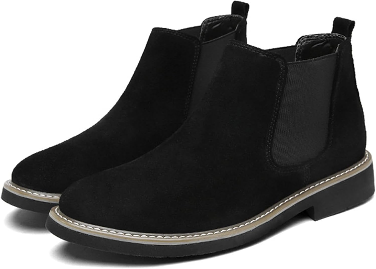 

Мужские замшевые челси NVBUKE с модным округлым носком, массивным каблуком, противоскользящие деловые короткие ботинки на липучке в ретро стиле, черный