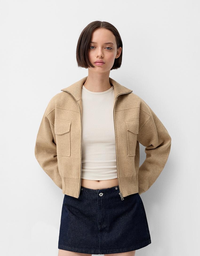 

Куртка-Бомбер с карманами Bershka, коричневый
