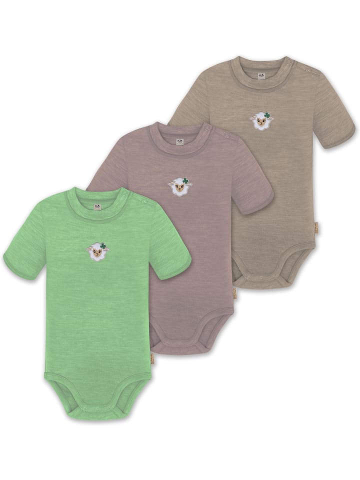 

Normani Outdoor Sports Комплект из 3 унисекс комбинезонов-боди с короткими рукавами и пуговицами из мериносовой шерсти для младенцев, бежевого/розового/зеленого цвета