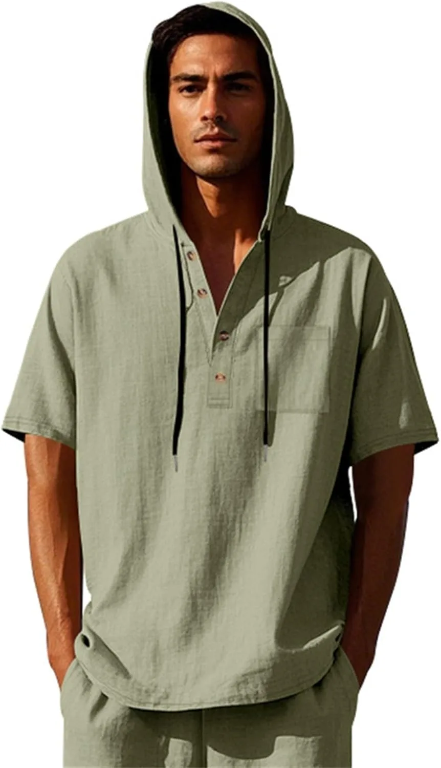 

Льняной худи мужское летнее с коротким рукавом xoxingysm