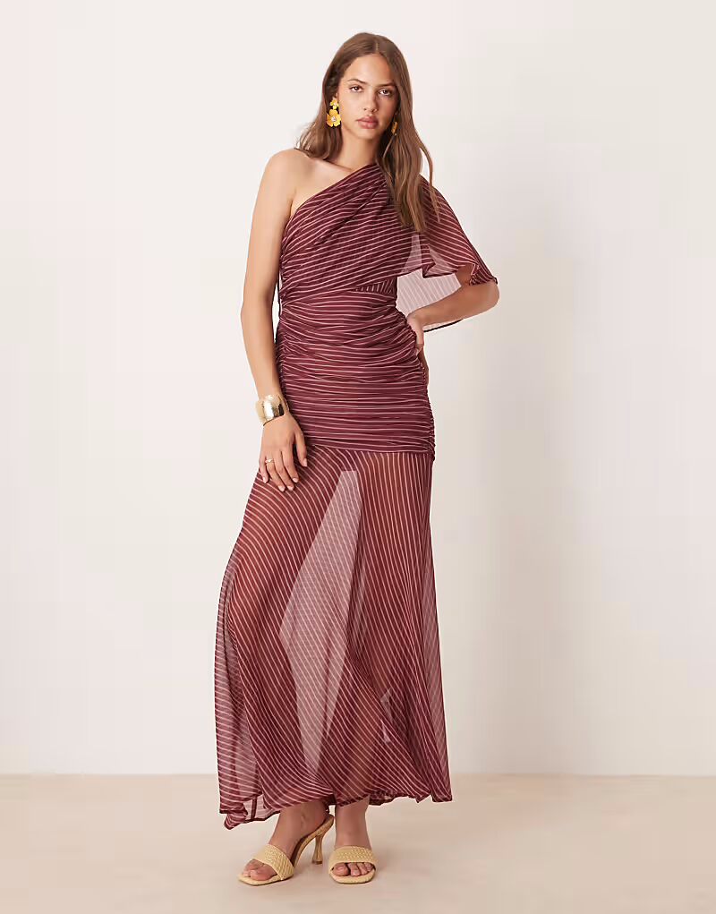 

Платье-накидка макси на одно плечо с лифом и сборками в полоску Asos Design