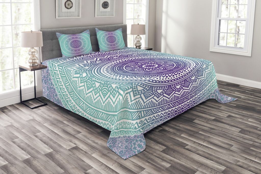 

ABAKUHAUS Комплект сине-фиолетового покрывала, Hippie Mandala, комплект с моющимися наволочками, для односпальных кроватей 220 x 220 см, фиолетовый