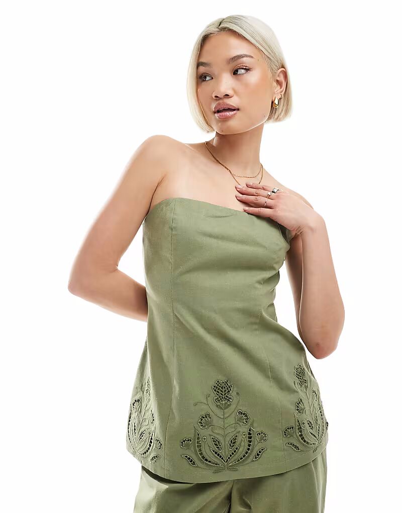 

Льняной смесовый топ-бандо с цветочным узором и ажурной отделкой, оливково-зеленого цвета 4Th & Reckless