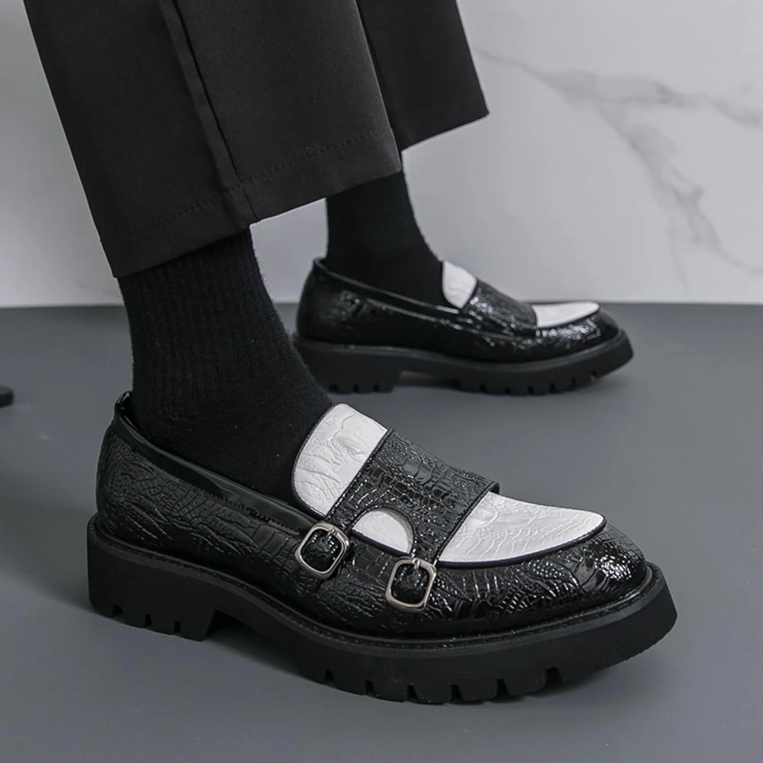 Лоферы мужские кожаные, Monk Strap Shoes, Black White Dwihuize — фото 3