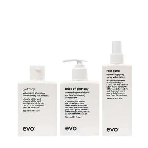 Набор для ухода за волосами Evo Volumising: шампунь Gluttony Volumising, кондиционер Bride of Gluttony Volumising и спрей Root Canal Volumising