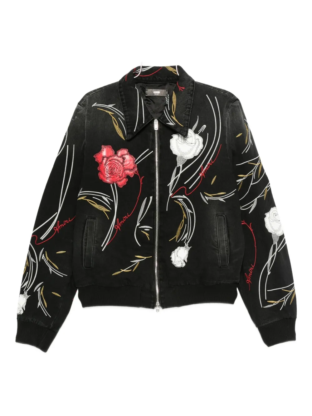 

Джинсовая куртка с цветочной вышивкой AMIRI, черный