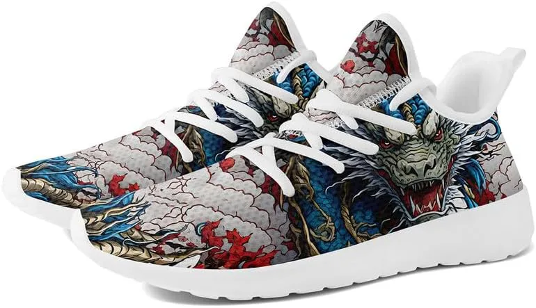 

Мужские динамичные кроссовки для бега по дорогам с принтом дракона, легкие прогулочные кроссовки с мифическим дизайном, черные стильные теннисные туфли AWSOLE, белый/синий/красный