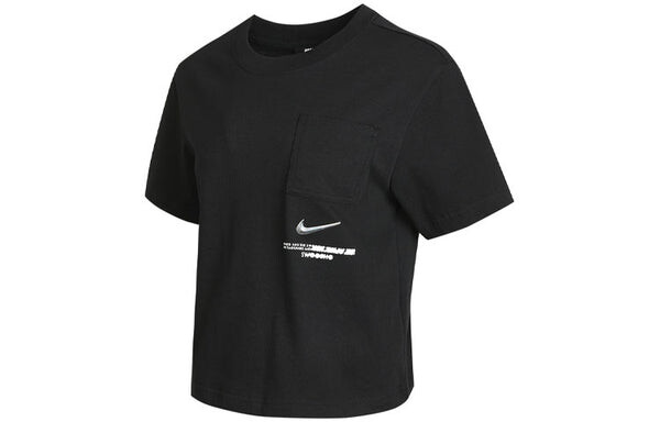 Футболка (WMNS) Nike Sportswear Swoosh Short Printed Round Neck Pullover T-Shirt Black, черный — фото 3